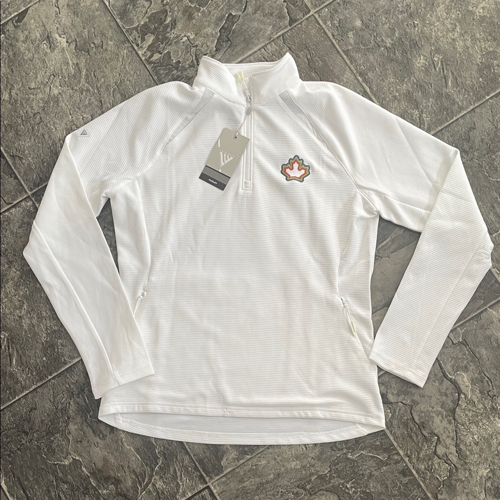 ⭐️NWT LEVELWEAR Women’s White Quarter-Zip Hadley Ribbed Mesh Pullover w Logo